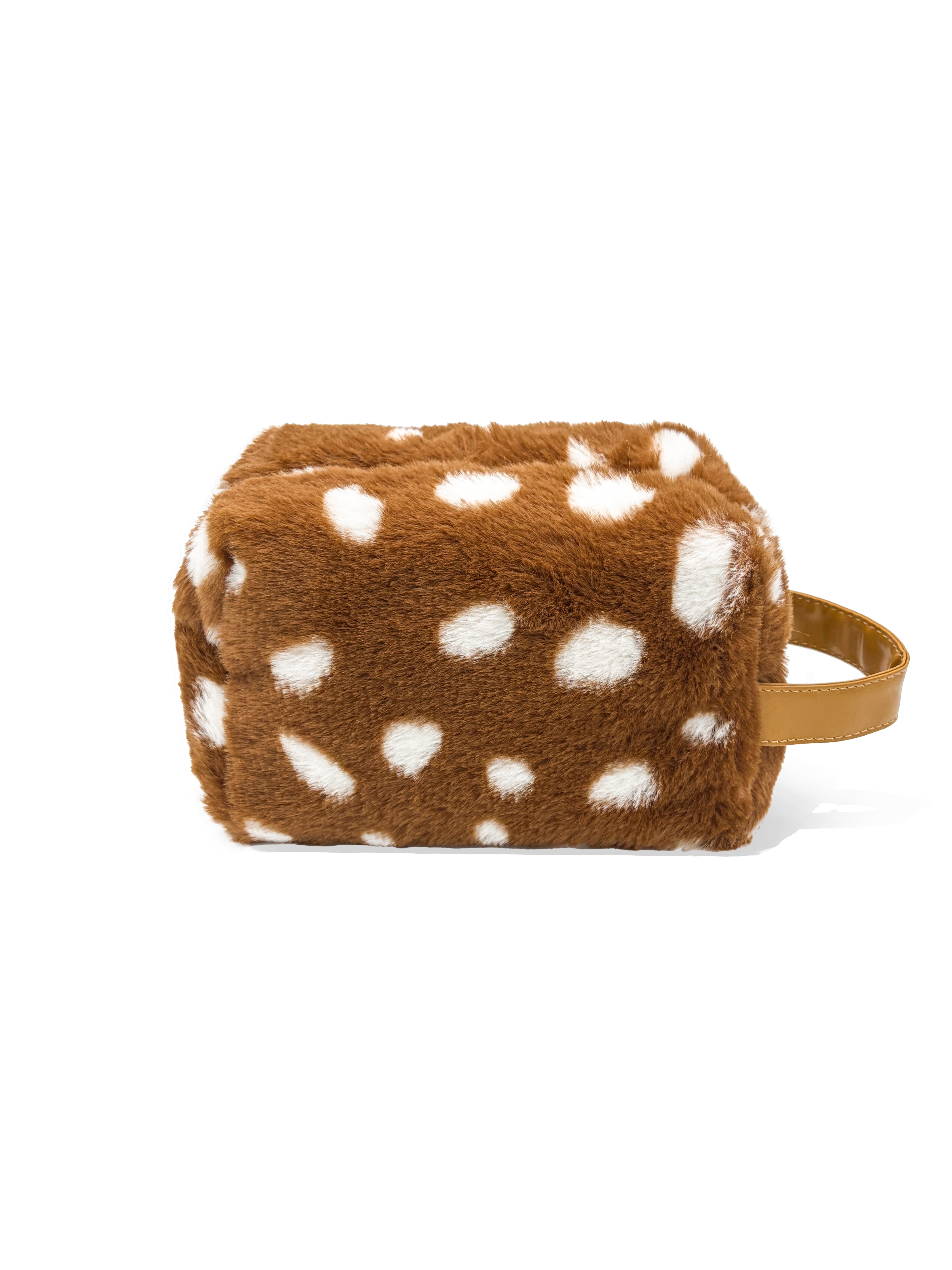 Teddy Dot Beauty Bag – Brown Plush Polka Dot Makeup Bag with Handle | Rottique
