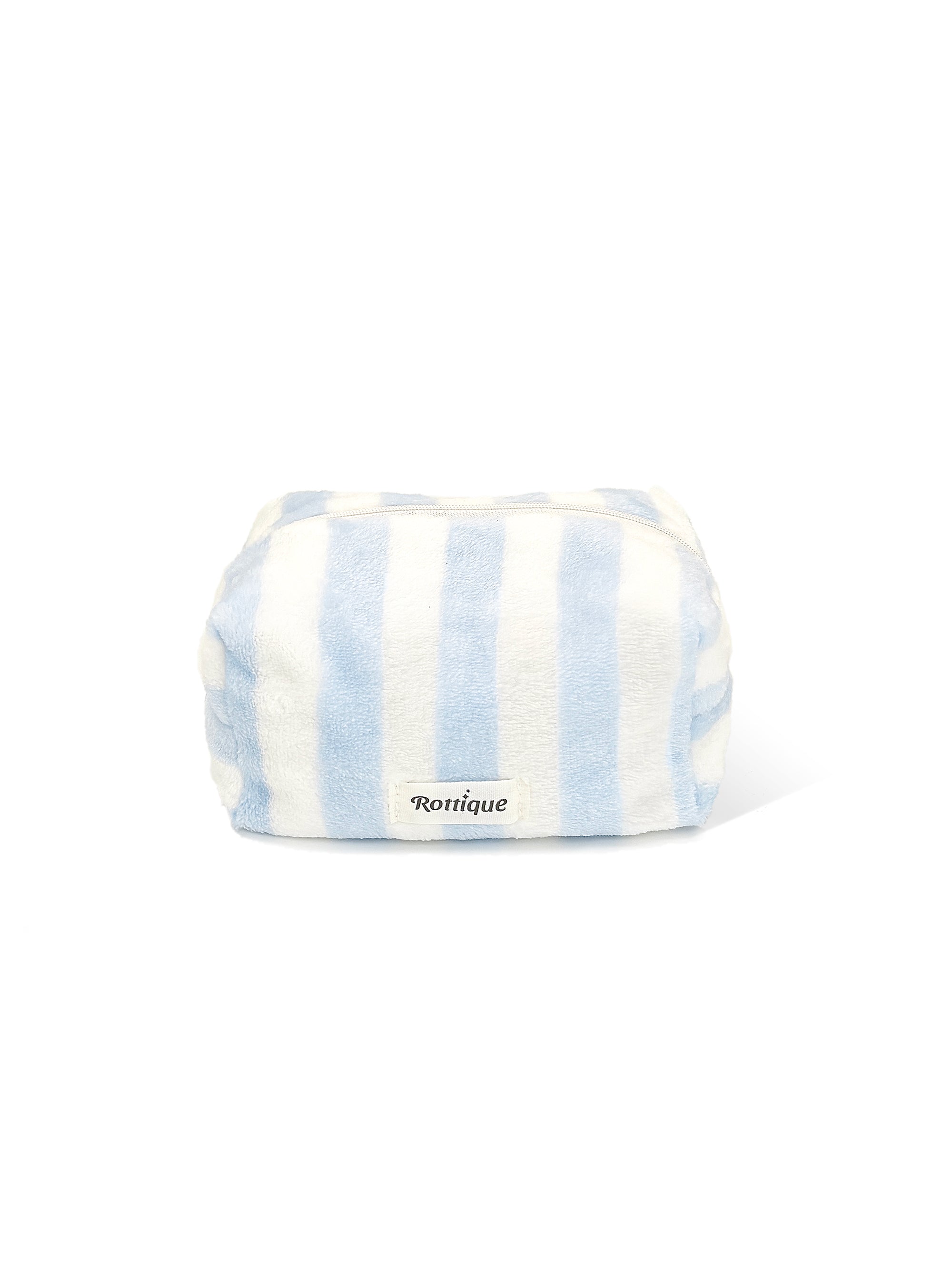 Blue and white striped makeup pouch with fluffy flannel texture, perfect for travel and daily commute