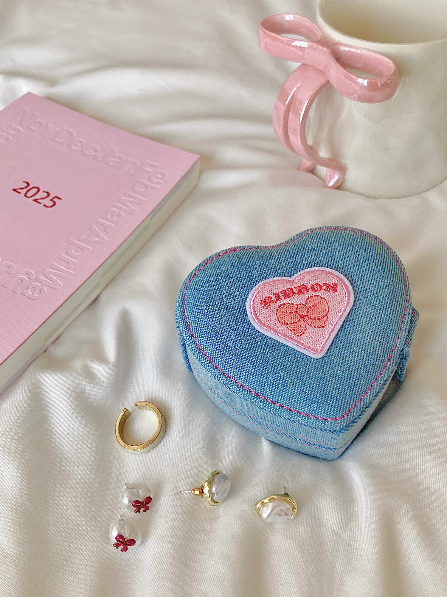 Denim Heart Jewelry Case in unique heart-shaped design, pinky vibe