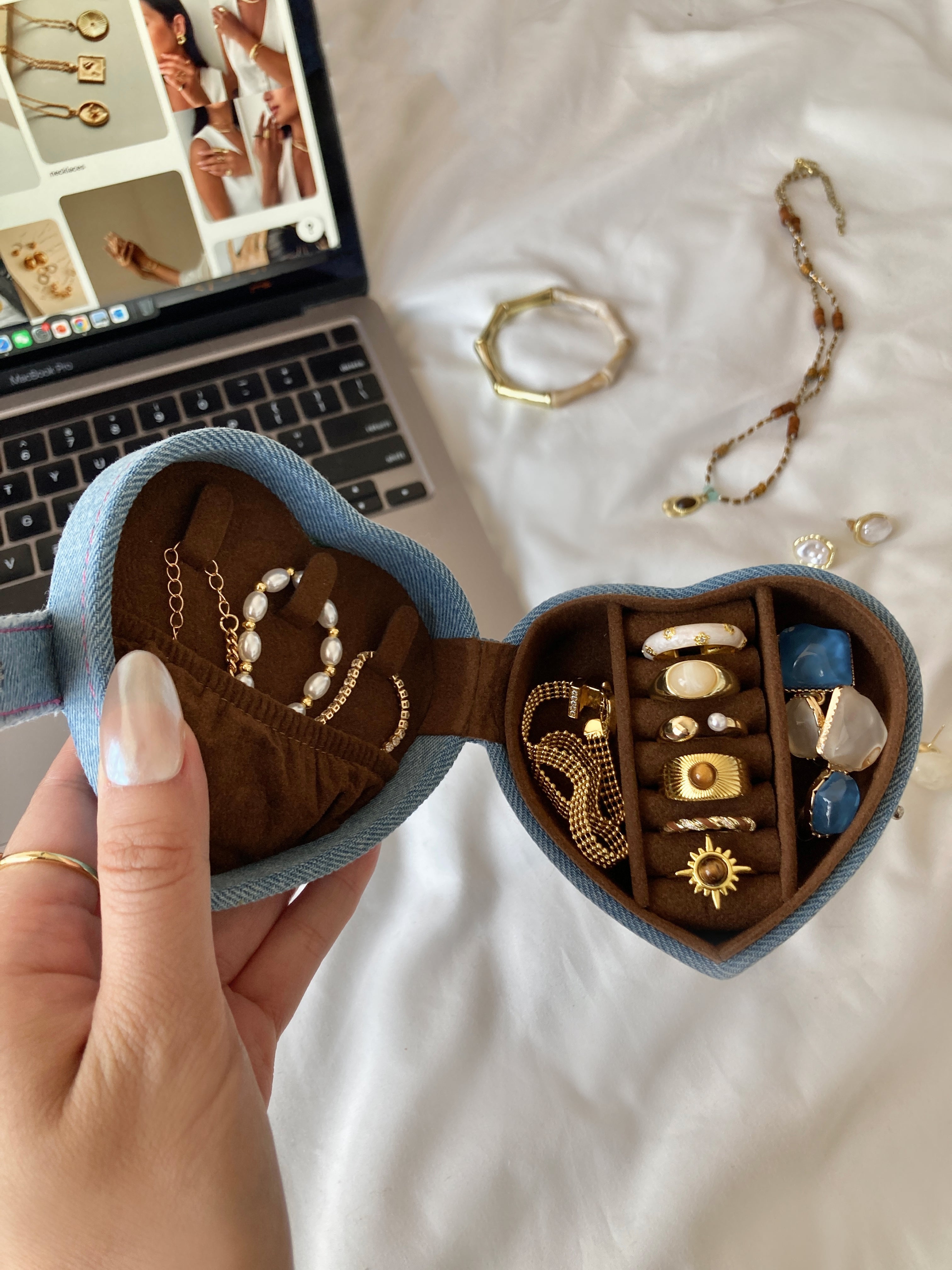 Denim Heart Jewelry Case in unique heart-shaped design, perfect for taking your daily jewels