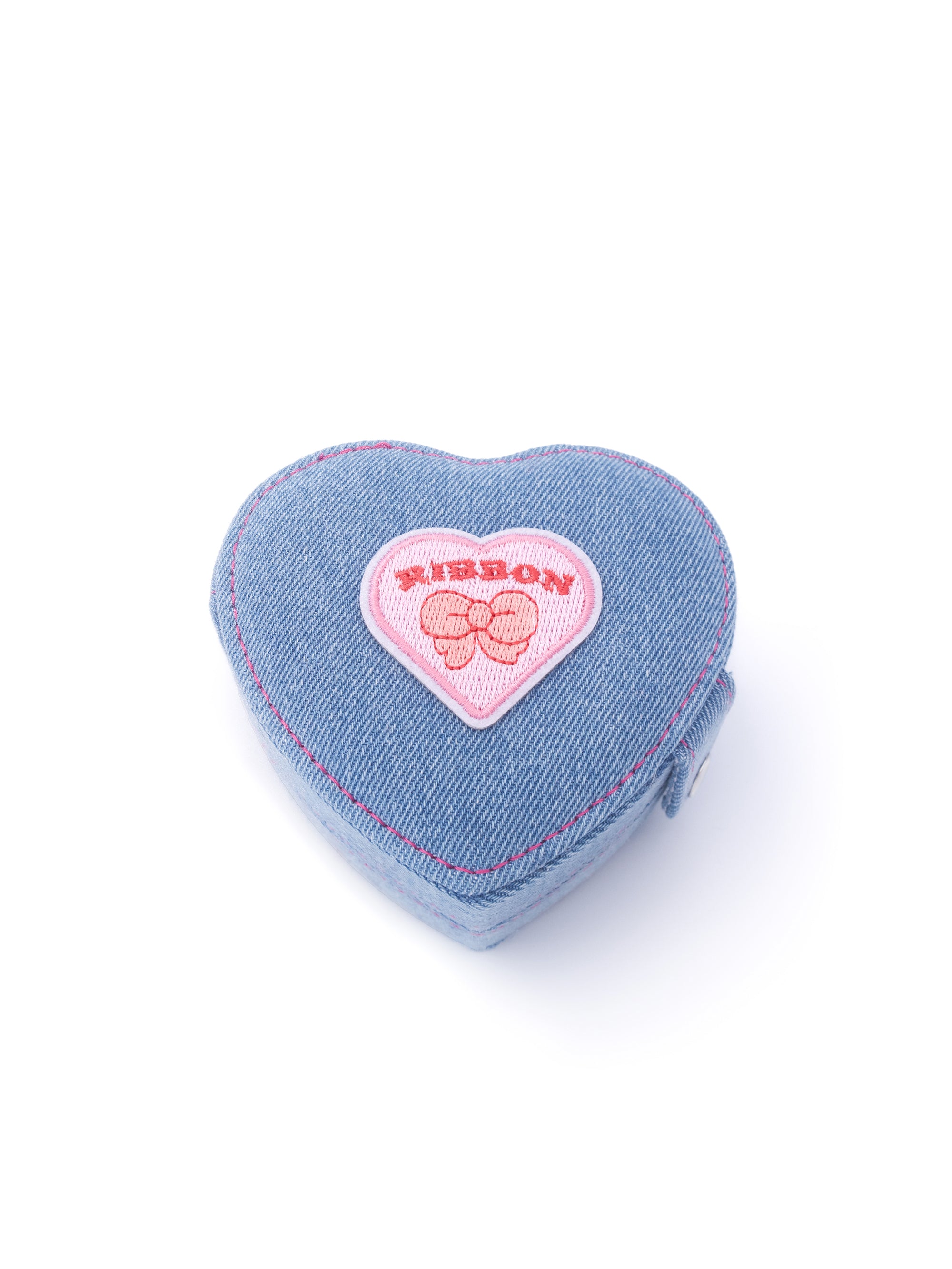 Denim Heart Jewelry Case in unique heart-shaped and bow design, perfect for travel
