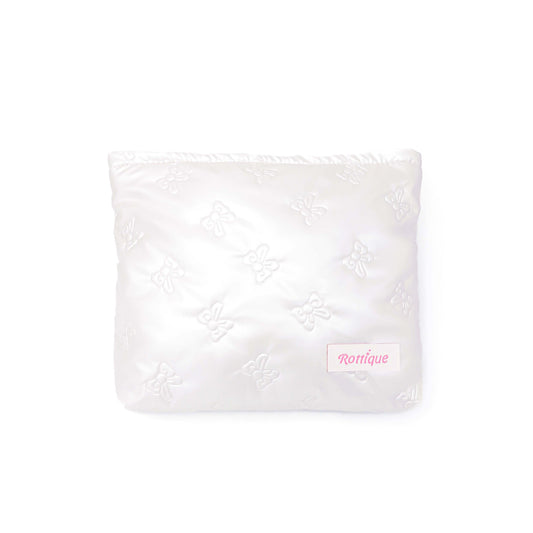 Stylish Pufflet Bow Beauty Bag in cream/white bowknot quilted fabric and compact size
