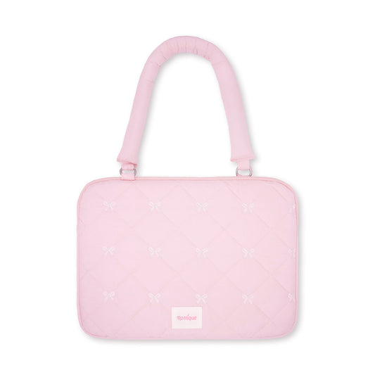 Pink Pufflet Bow Laptop Sleeve with quilted bow knot and puffy texture, girly aesthetic