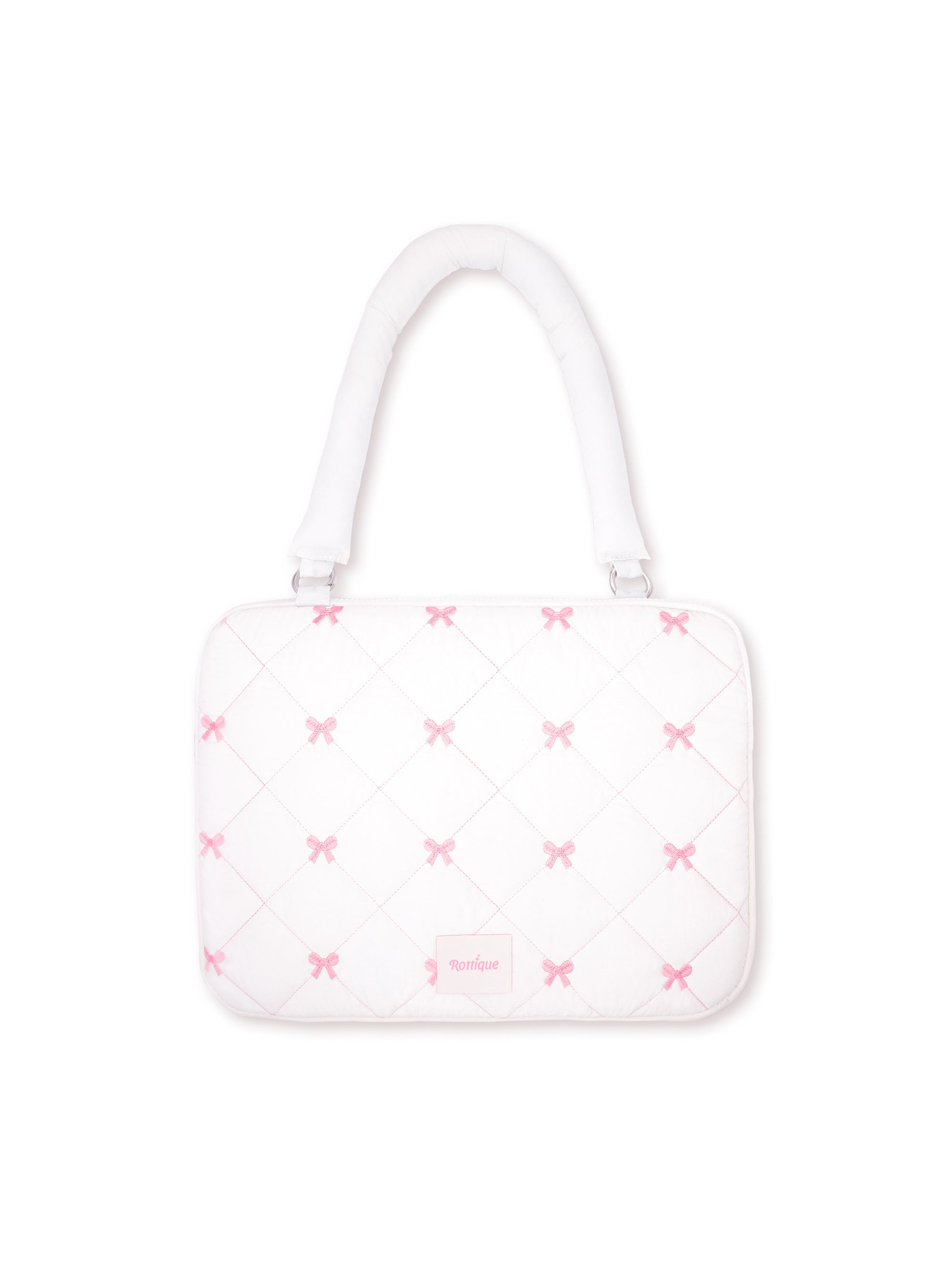 White Pufflet Bow Laptop Sleeve with quilted bow knot and puffy texture, detachable strap