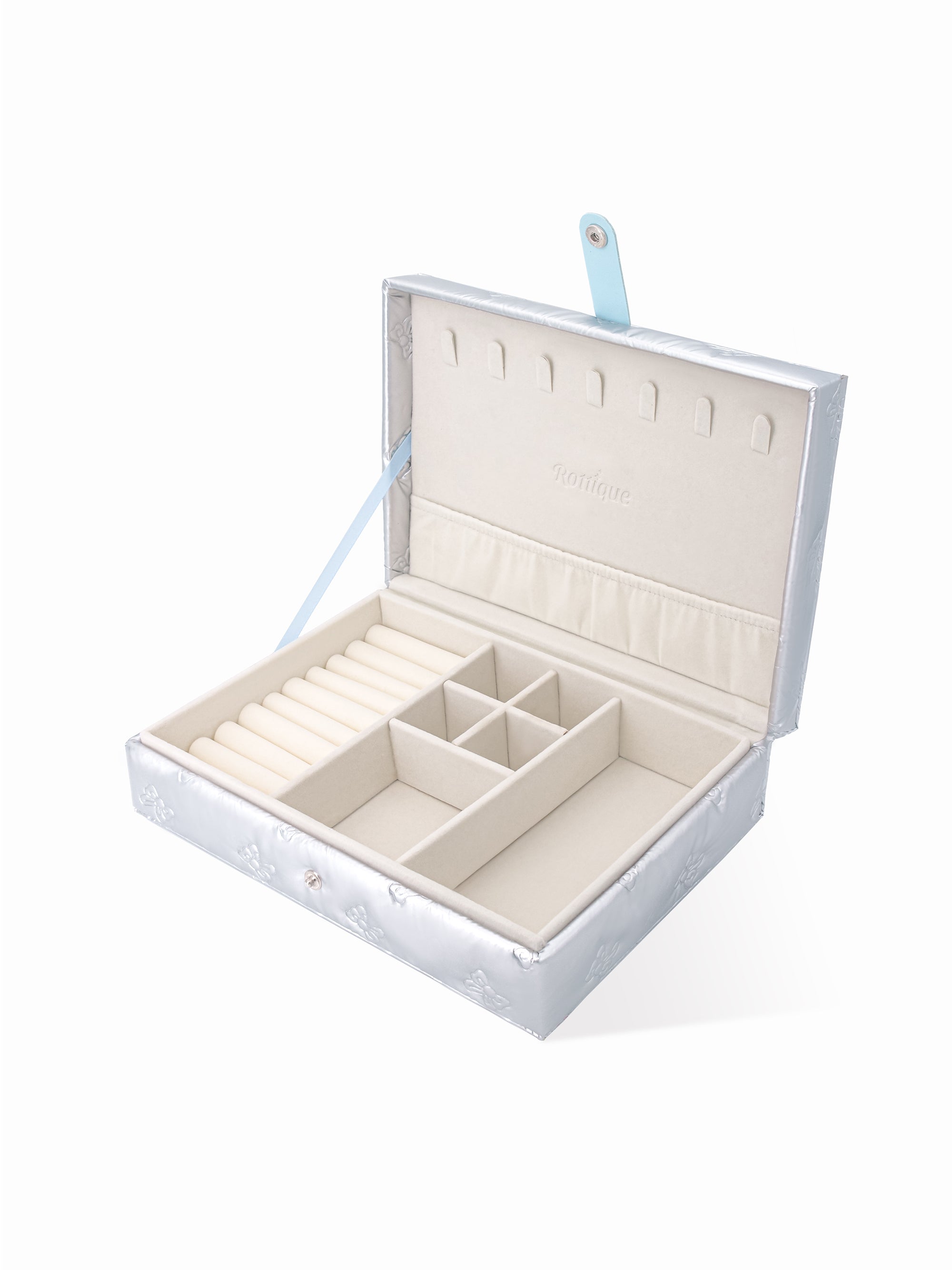 Pufflet Jewelry Box in silver with puffy texture and bow design 