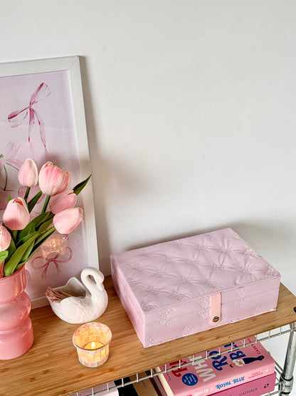Pink Pufflet Jewelry Box with quilted bow pattern, girly aesthetic