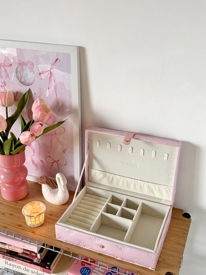 Pink Pufflet Jewelry Box with quilted bow pattern, girly aesthetic
