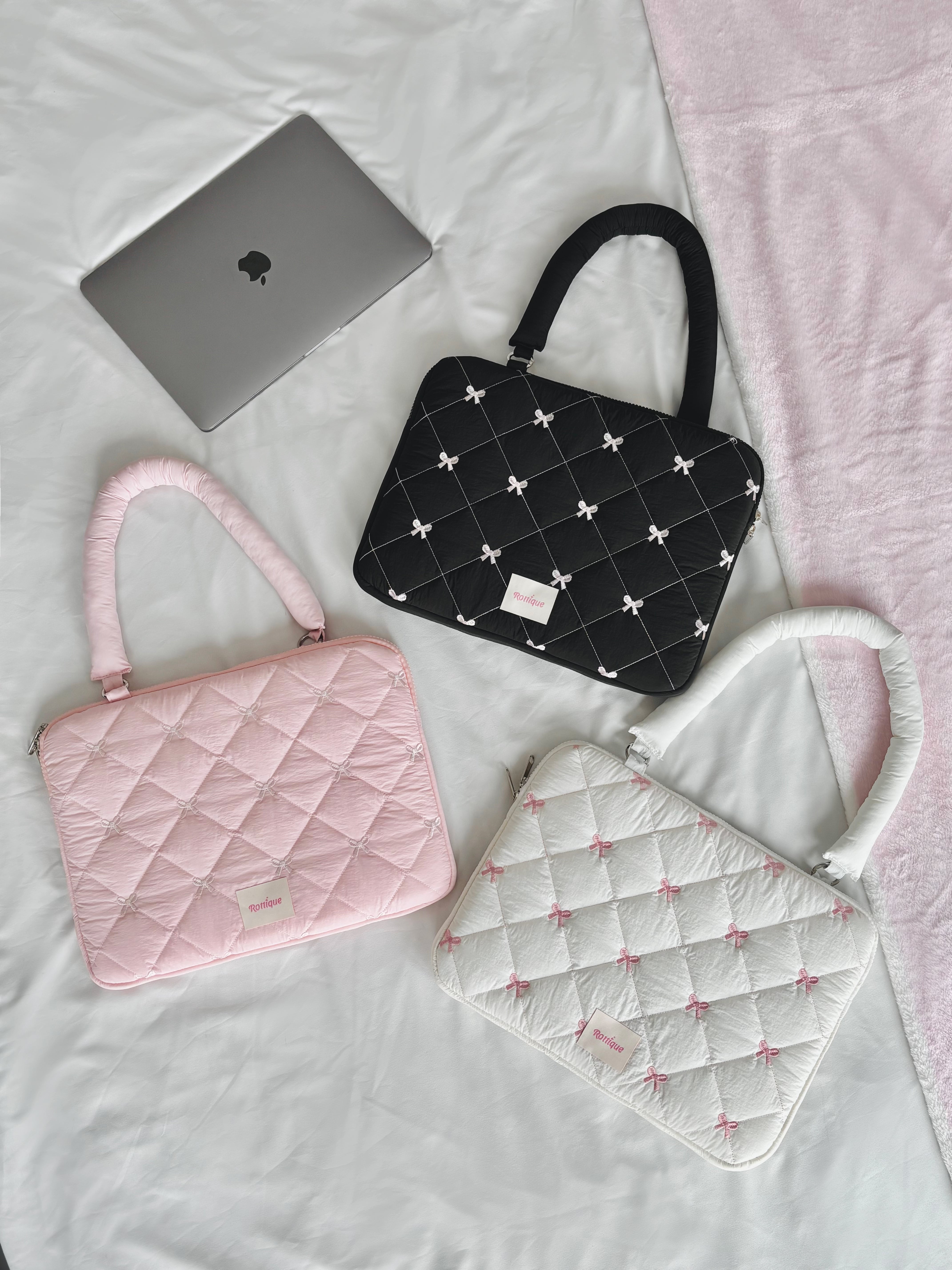 Pufflet Bow Laptop Sleeve with quilted bow knot and puffy texture, girly aesthetic,  detachable strap