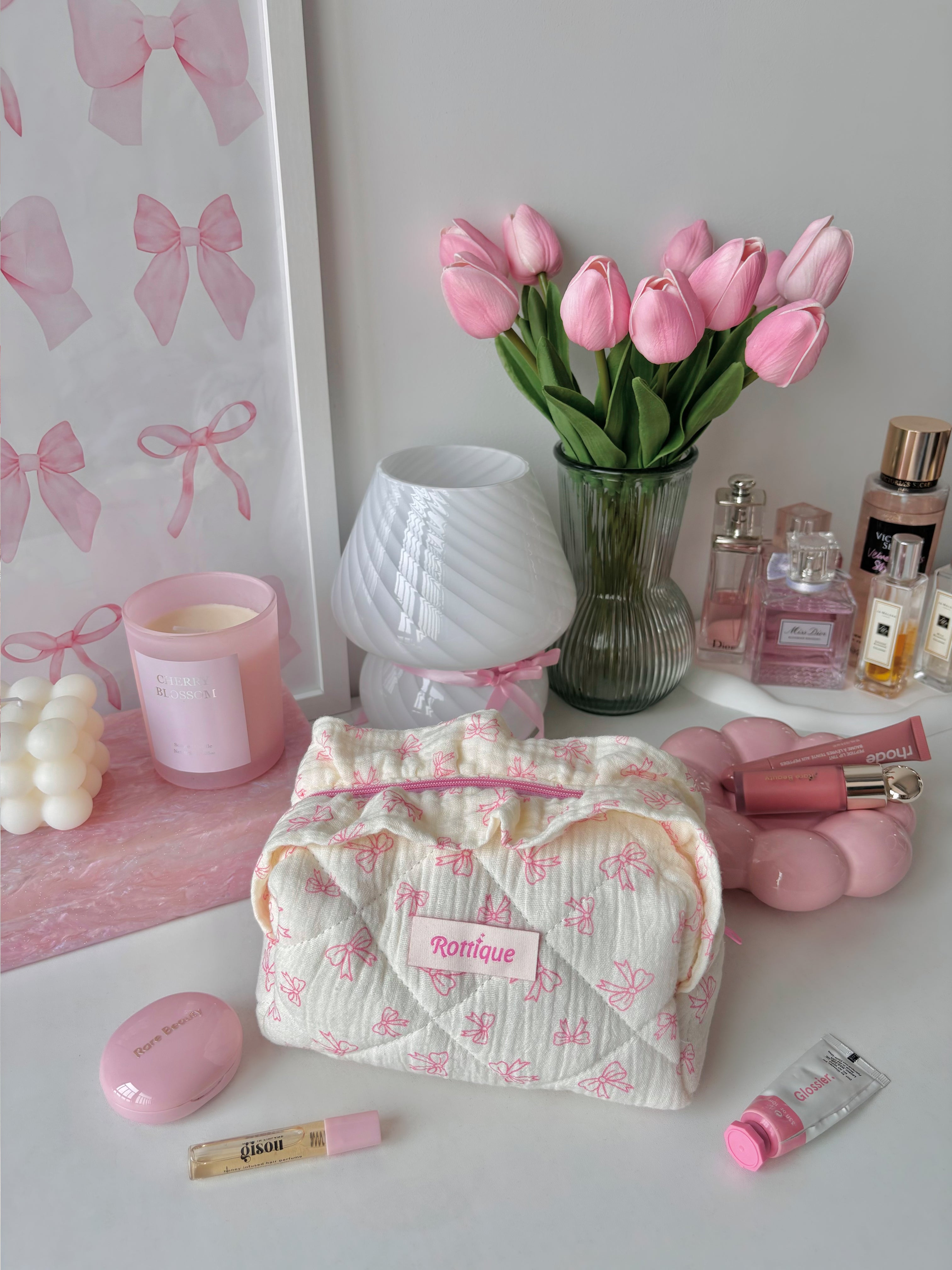 Ruffle Charm Beauty Pouch, make up bag for girls, with pink bow print, pink vanity vibe
