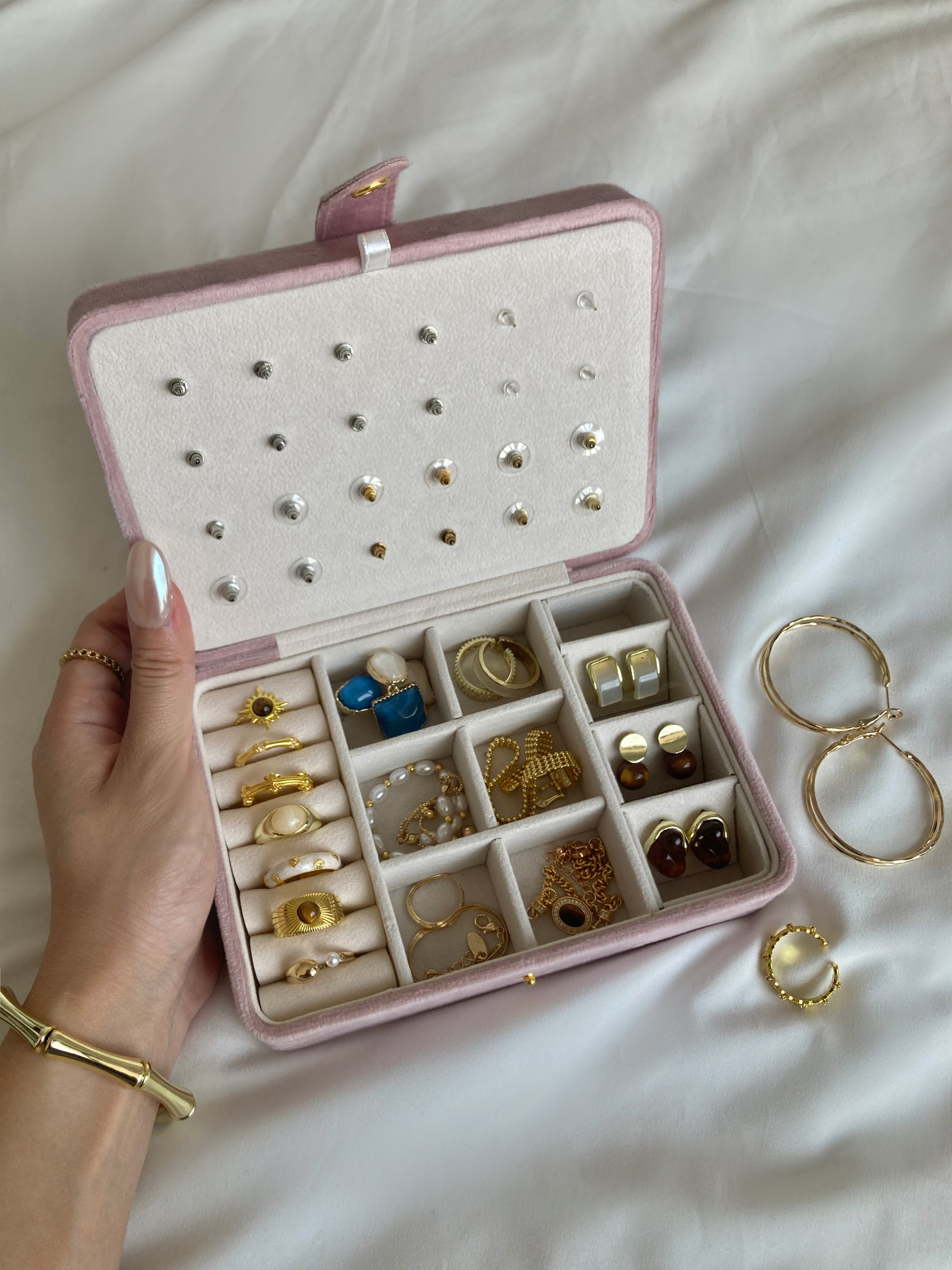Velura Pink Jewelry Box with super big storage, perfect for travel or display, velvet texture