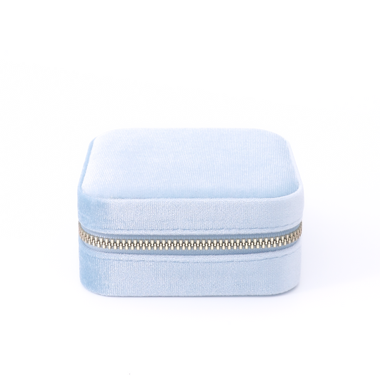 Blue Velura Jewelry Case in velvet texture and compact size, perfect for travel