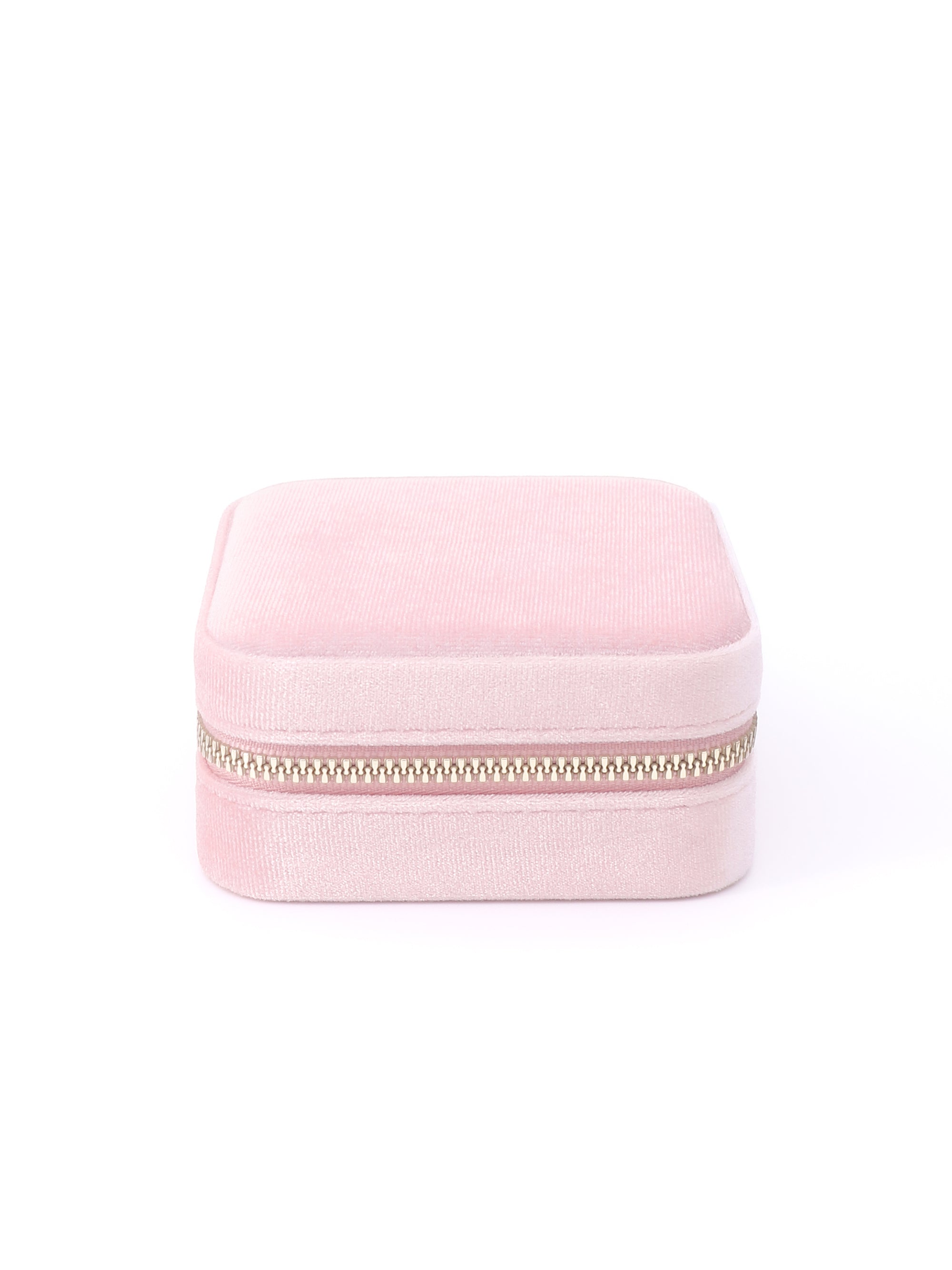 Pink Velura Jewelry Case in velvet texture and compact size, perfect for travel