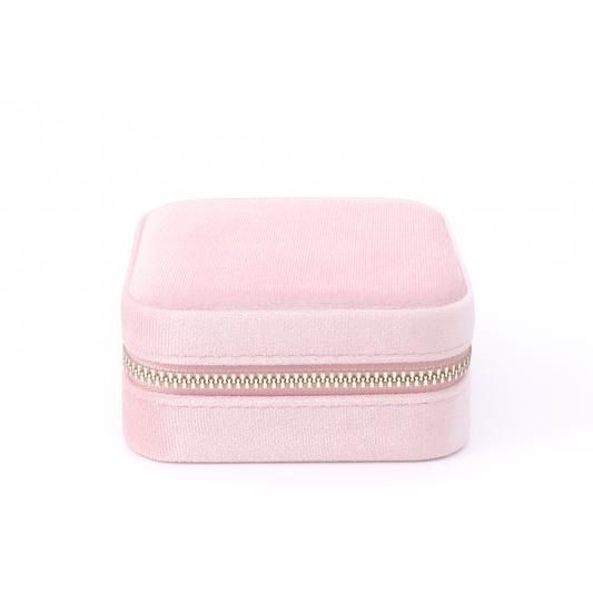 Pink Velura Jewelry Case in velvet texture and compact size, perfect for travel