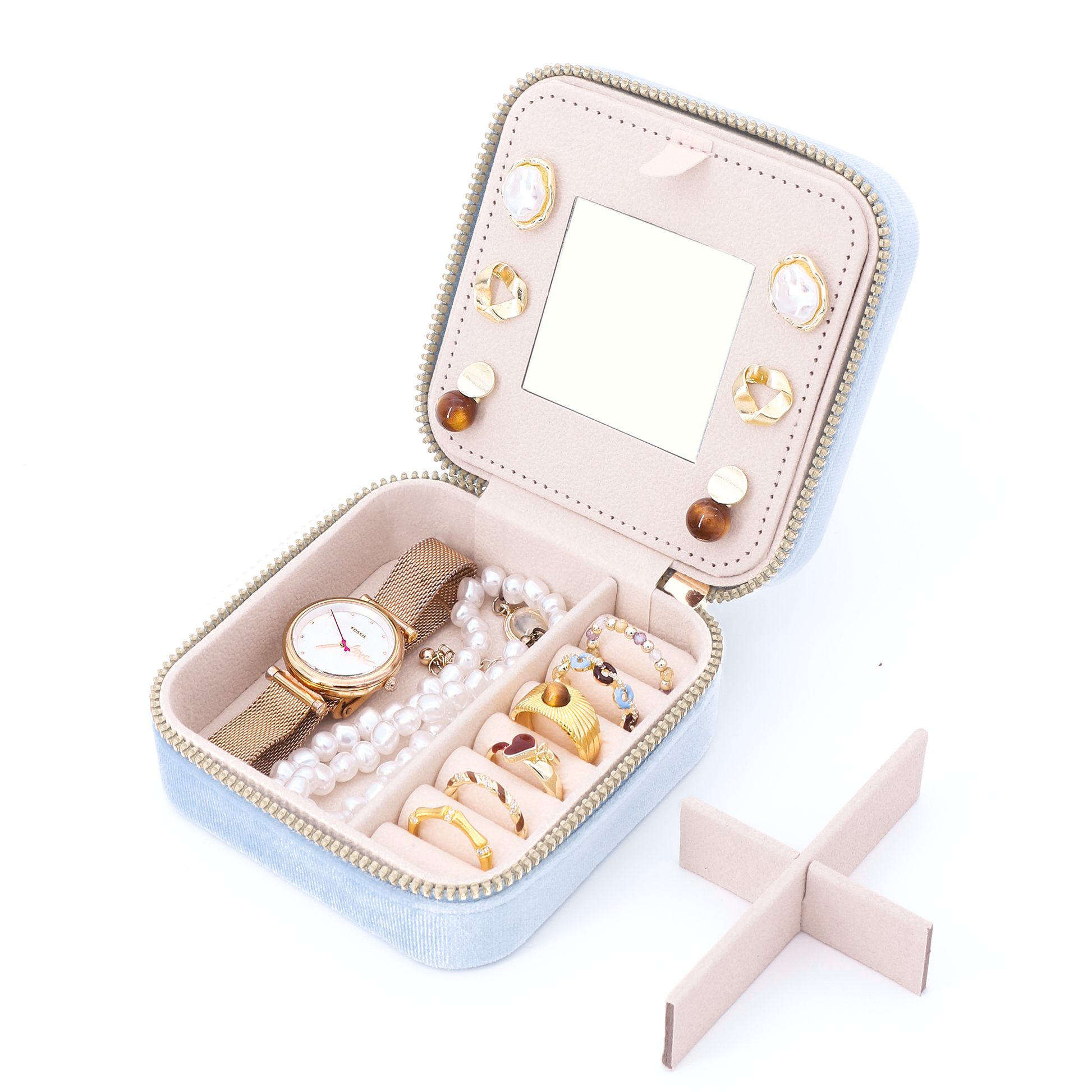 Velura Blue Jewelry Case with compact body —— For travel and daily use, Velvet texture