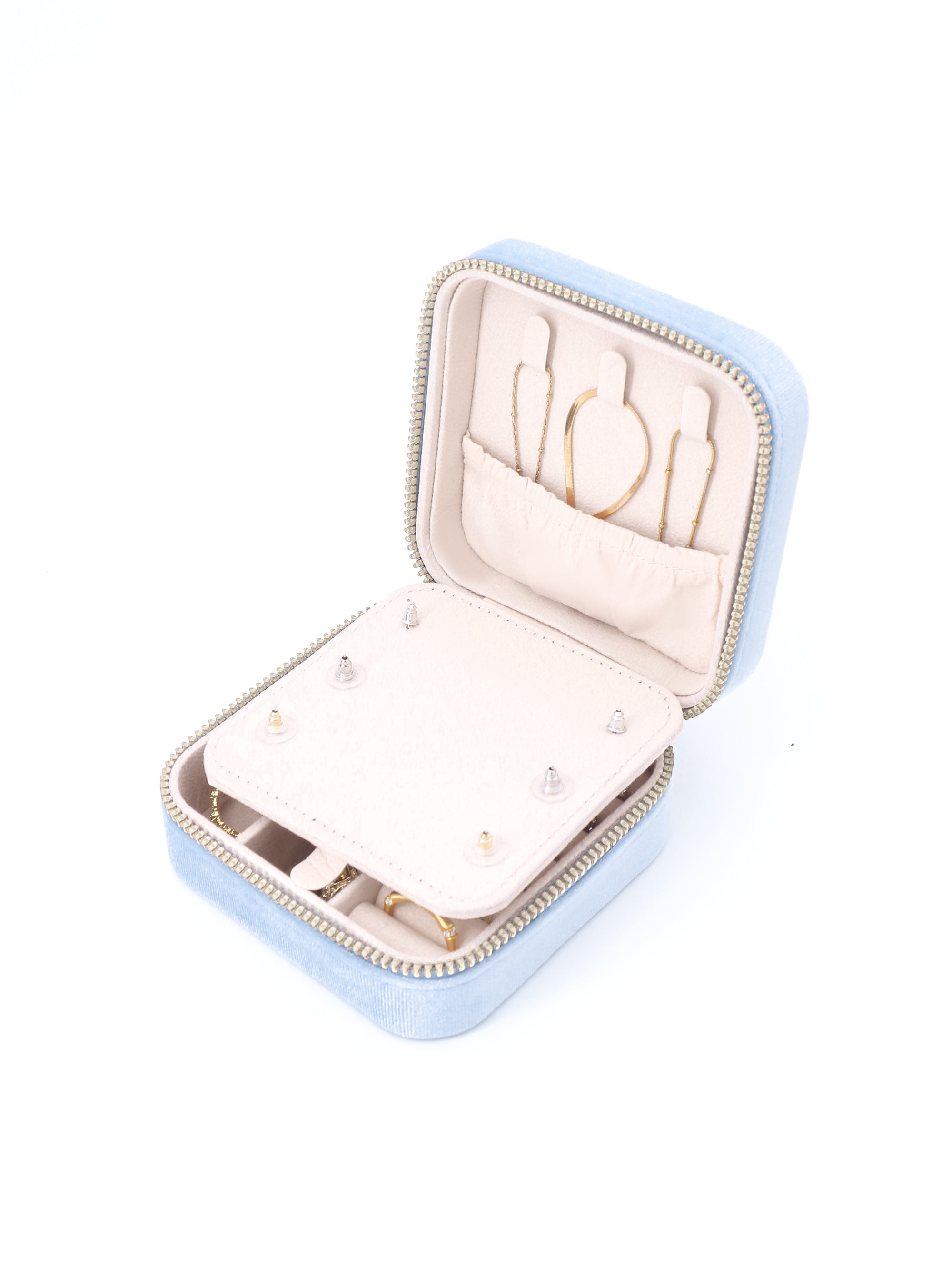 Velura Blue Jewelry Case with compact body —— For travel and daily use, Velvet texture