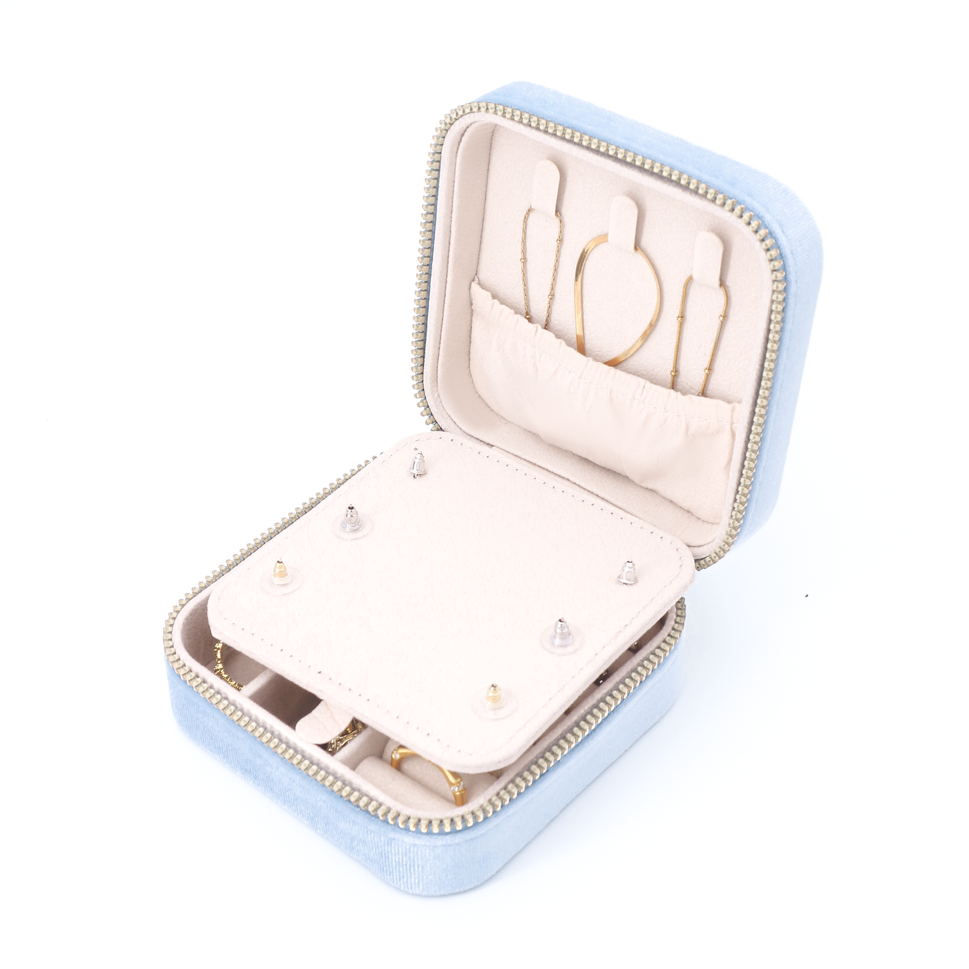 Velura Blue Jewelry Case with compact body —— For travel and daily use, Velvet texture